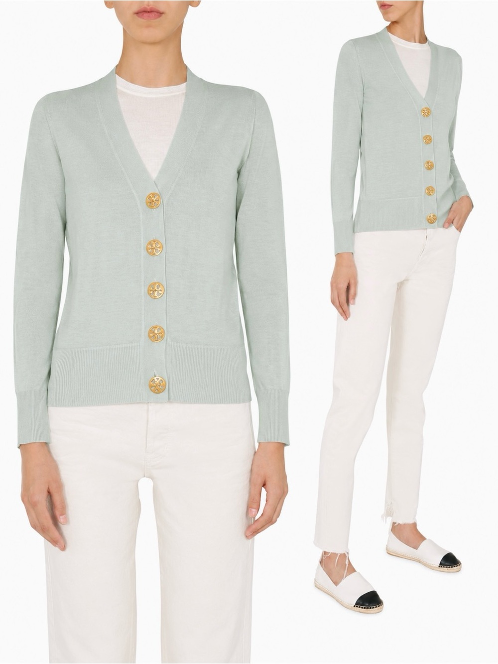 TORY BURCH Cashmere Blend Mint Green V-Neck Cardigan Sweater Gold Buttons